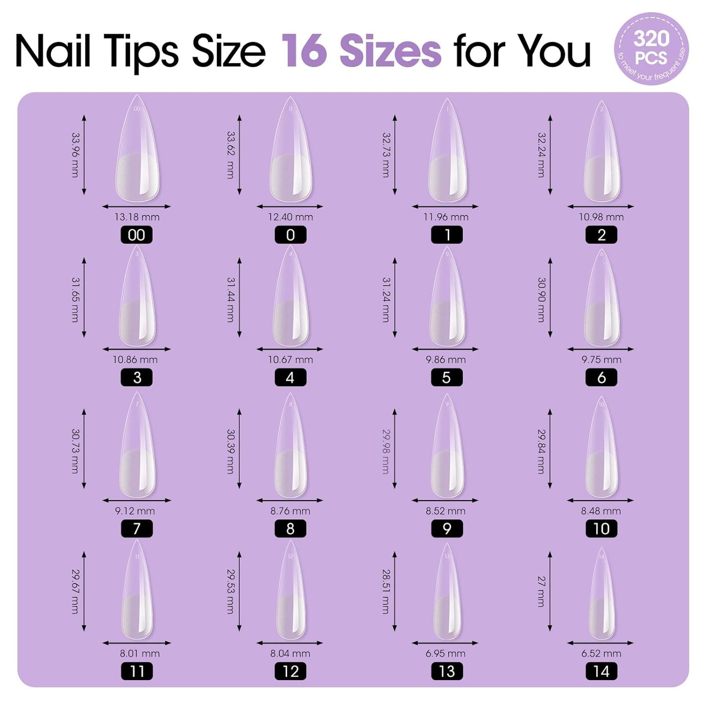 Long Almond Tipex Nail Tips, 320Pcs Instant Apex Nail Tips, 16 Sizes Pre-Builder Gel Tips Long Stiletto Almond Strong Full Cover False Nail Tips Gel Extension Tips for Flat Nails