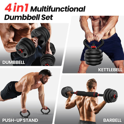 Adjustable Dumbbells, 55Lbs Free Weight Set with Connector, 4 In1 Dumbbells Set as Barbell, Kettlebells, Push up Stand, Fitness Exercises for Home Gym Suitable Men/Women