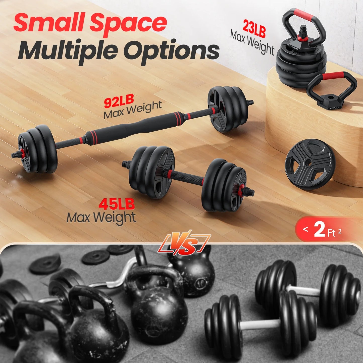 90Lbs Free Weight Set with Connector, 6 In1 Dumbbells Set Used as Barbell, Kettlebells, Push up Stand, Fitness Exercises for Home Gym Suitable Men/Women