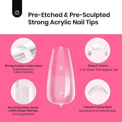 Beetles Tipex Gel Nail Kit Short Coffin Instant Apex Nail Tips, 224 Pcs 16 Sizes Pre-Building&Pre-Etched False Nail Tips with Tipex Uv Nail Glue,Mini Nail Lamp-Thick Acrylic Nail Set for Flat Nails