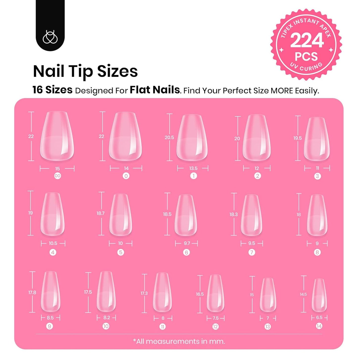 Beetles Tipex Gel Nail Kit Short Coffin Instant Apex Nail Tips, 224 Pcs 16 Sizes Pre-Building&Pre-Etched False Nail Tips with Tipex Uv Nail Glue,Mini Nail Lamp-Thick Acrylic Nail Set for Flat Nails