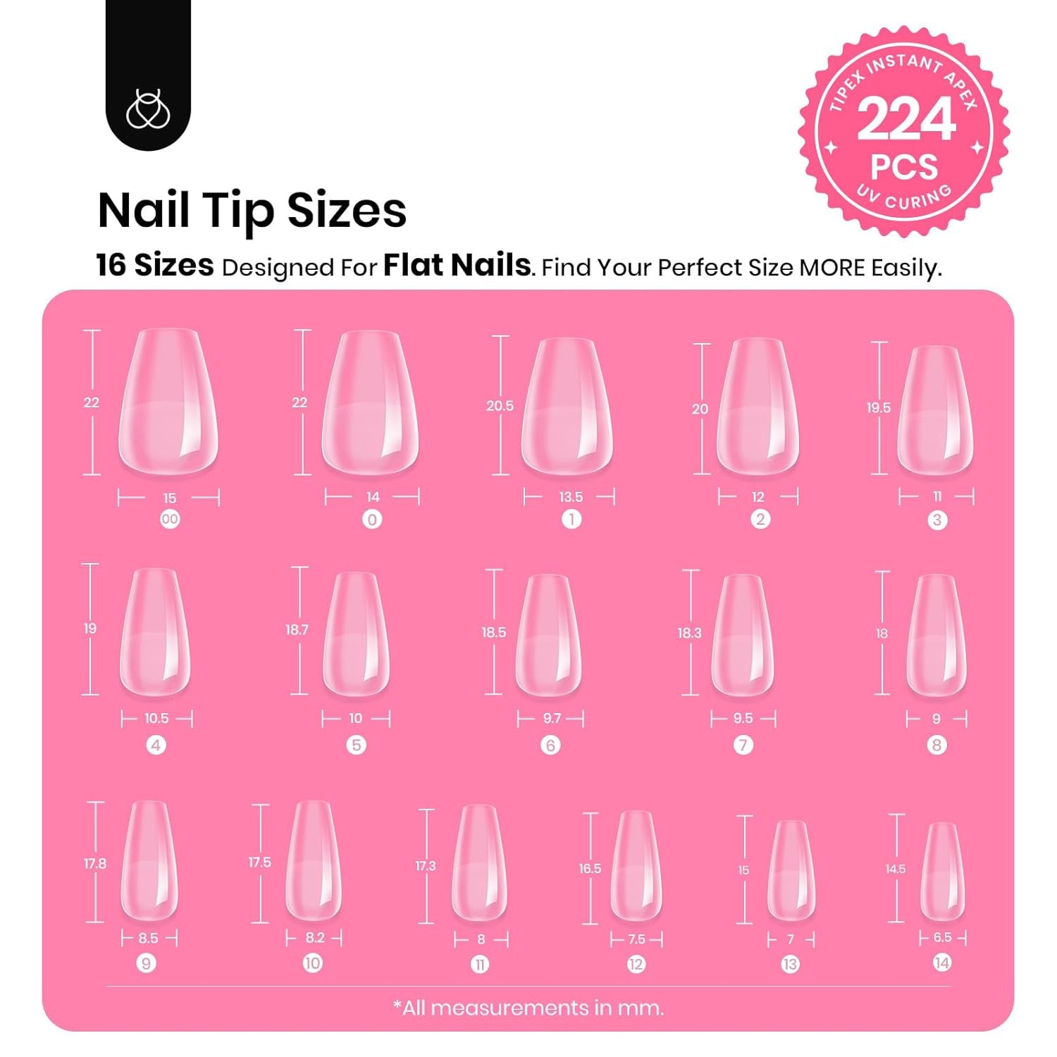 Beetles Tipex Gel Nail Kit Short Coffin Instant Apex Nail Tips, 224 Pcs 16 Sizes Pre-Building&Pre-Etched False Nail Tips with Tipex Uv Nail Glue,Mini Nail Lamp-Thick Acrylic Nail Set for Flat Nails